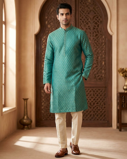 Turquoise Blue - Men’s Embroidered Jacquard Kurta Set with Trousers - UK Stock - Weddings / Walimas , Sangeet, Diwali, Eid, Mehndi / Henna - VEE2725 VK
