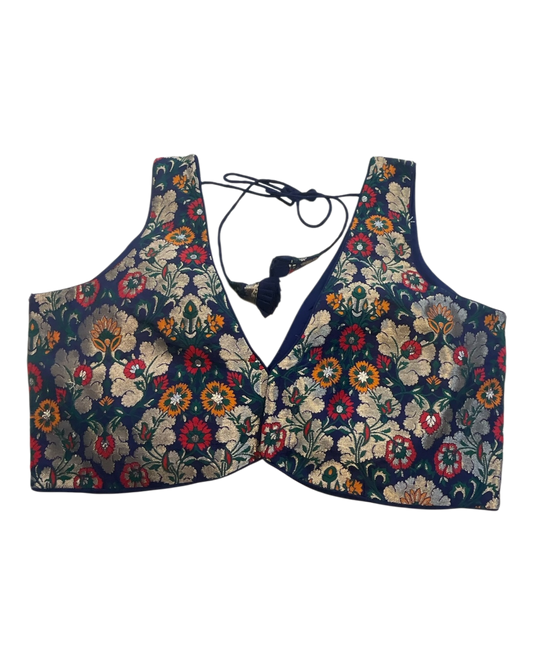 36" / UK 10 - Navy Blue - Rich Banarasi Designer Saree blouse with cups, Sleeveless - UK Stock - Quick Delivery - RNK - R1007-KK