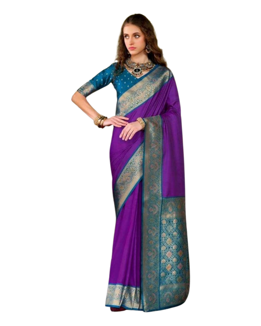 Purple - Traditional Silky Handloom Banarasi Saree with Blouse Piece - 12KH25 RP390