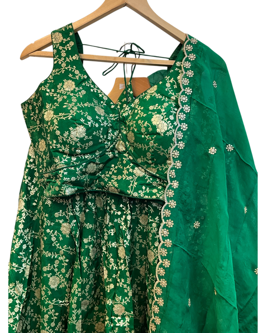 Forest Green - Banarasi Brocade Silky Lehenga Set - Mehndi / Sangeet / Bridesmaids / Weddings / Garba - Size UK 12 (38" Bust) Adjustable to Size 14 - UK Stock - 24h Dispatch - AF2601 02VP26