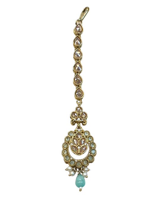 Mint Green - Antique Gold Finish Medium Size Tika Head Piece - Indian Ladies Fashion Jewellery - AE2435 11Vp24