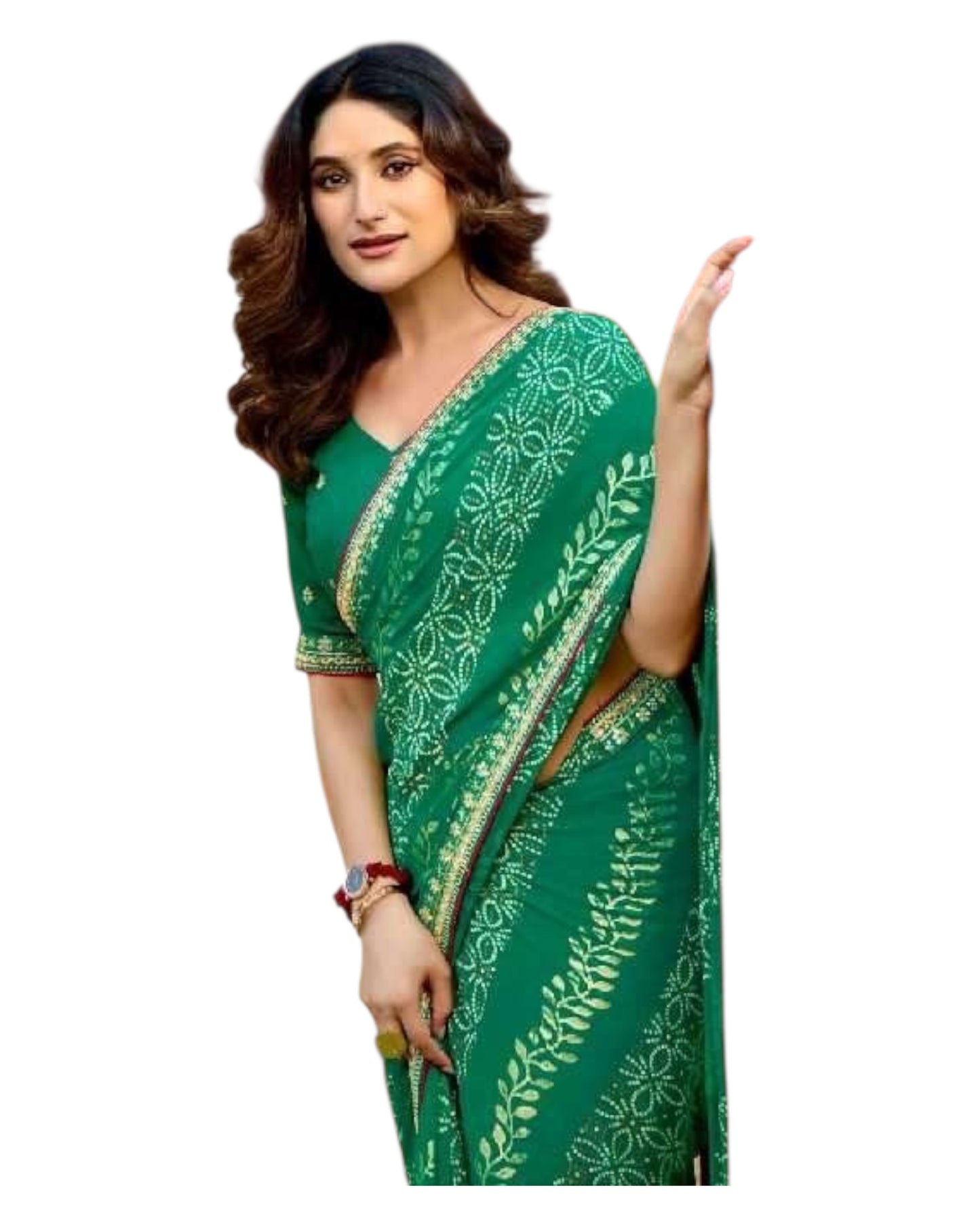 Green - Bandhani Printed - Chiffon Saree with Blouse Piece - KAS-Chuneri 307 10KV25