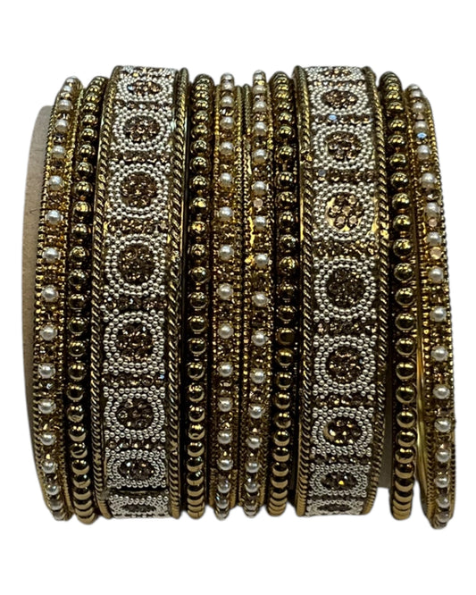 Dark Gold Stone and Pearl - Antique Gold Finish Bangles Set (Set of 10) - UK stock - SM, M, L, XL JAN2648 08T25