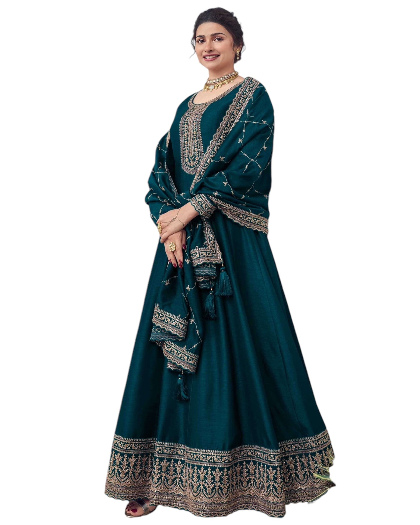 Cotton / Silky Teal Anarakali Long Dress with Trousers - Size 10 (Bust 36") - VF67741 TY 1024