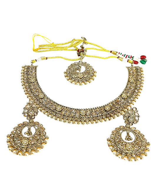 Pearl / Neutral - Medium Size Antique Gold Finish Necklace Set with Earrings - SJ07 08KY25