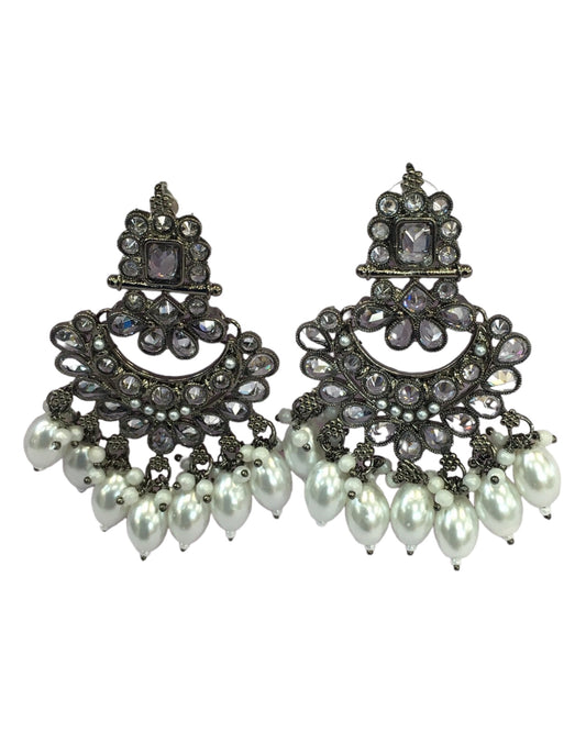White - Large - Antique Finish Traditional Earrings - Bollywood - Weddings - LAV1336 J 0724