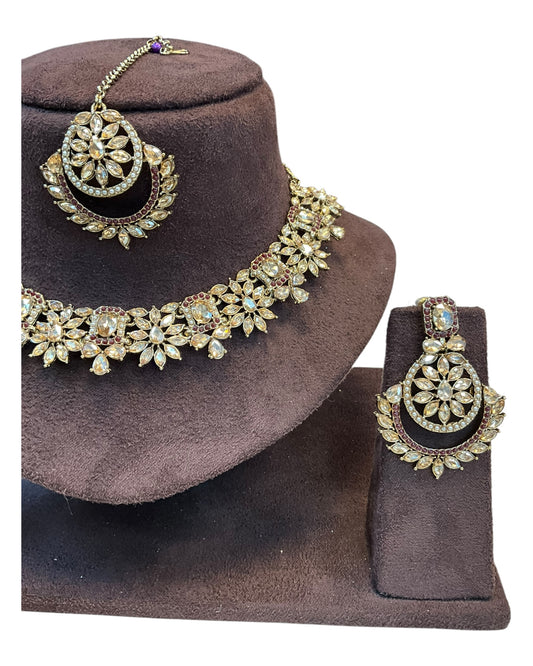 Maroon - Medium Size Antique Gold Finish Necklace Set with Earrings & Tika Head piece - JD7468  R 0525