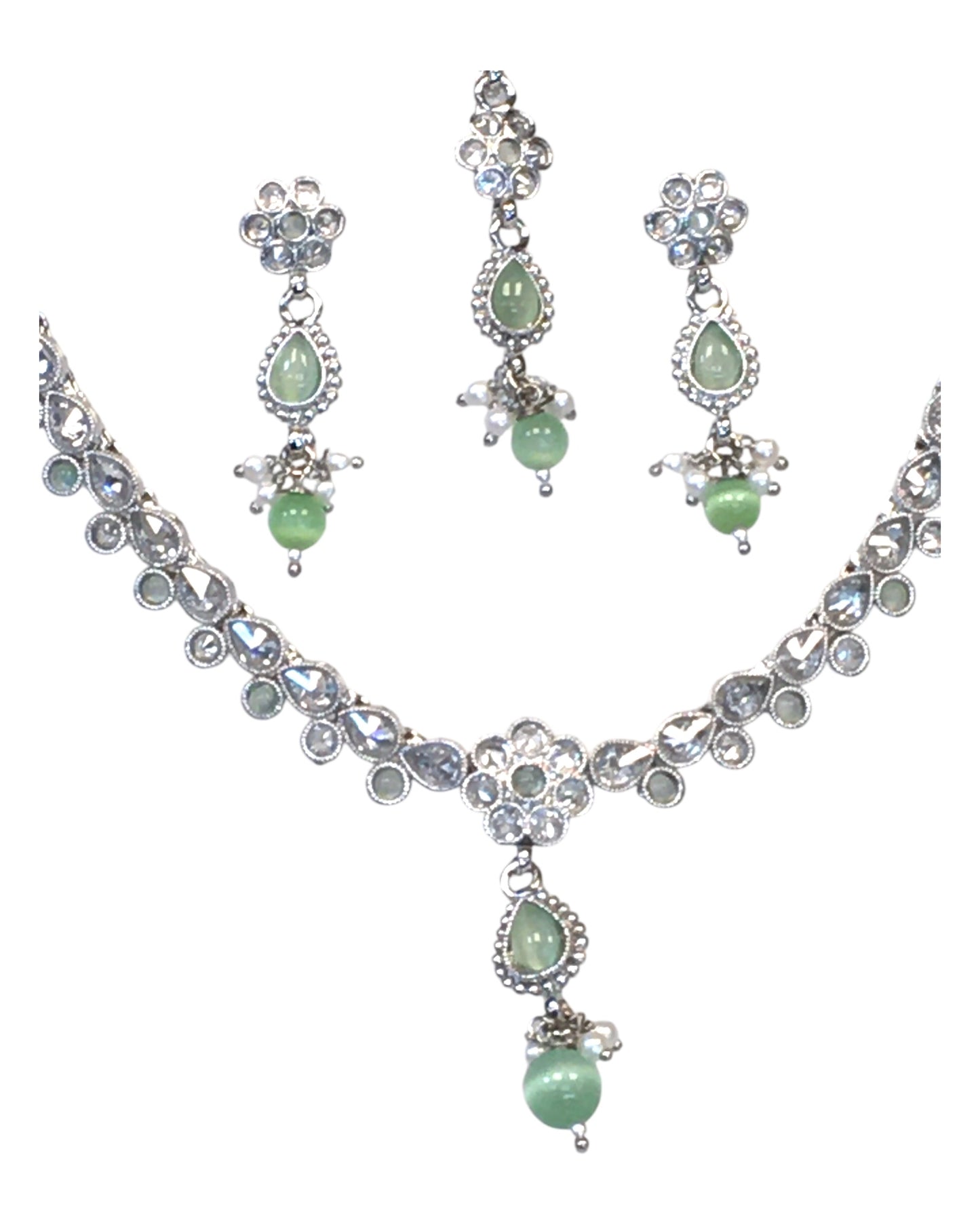 Mint Green - Small Size Silver Finish Necklace Set with Earrings & Head Piece /Tika- SLV78 11Ap24