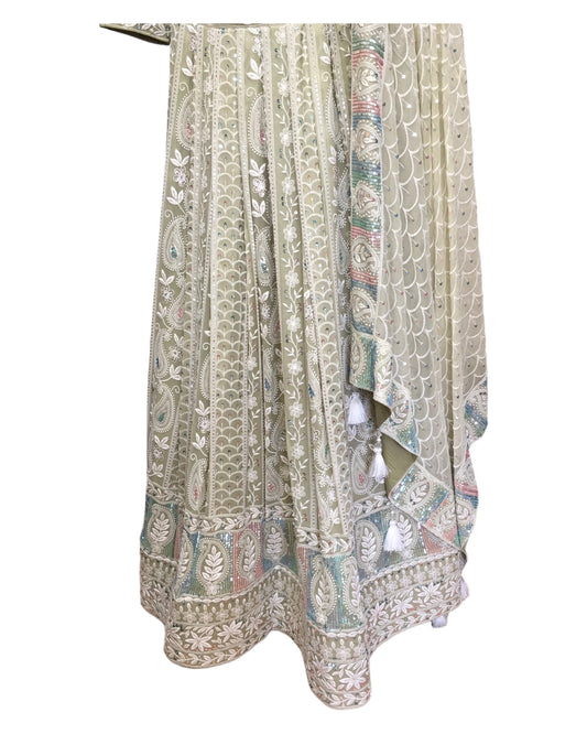 Pastel Pista Green - Delicately Embroidered Chiffon Designer Lehenga Set - UK 12-16 - UK Stock - 24h Dispatch - NE2404 CP 0724