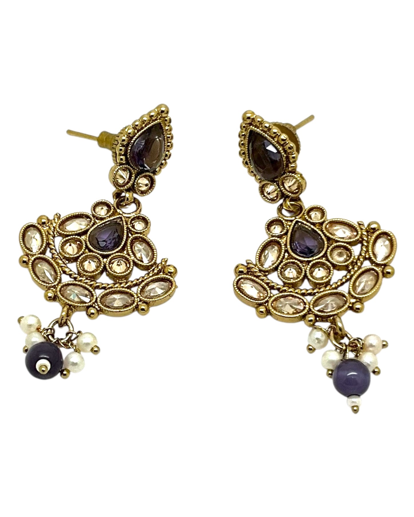 Purple - Small Size Antique Gold Finish Necklace Set with Earrings - Bollywood - AE2518 08A25