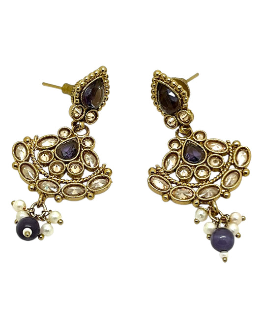 Purple - Small Size Antique Gold Finish Necklace Set with Earrings - Bollywood - AE2518 08A25