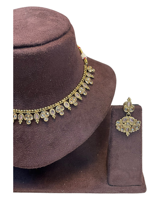 Pink - Small Size Antique Gold Finish Necklace Set - AE2503 R 0525