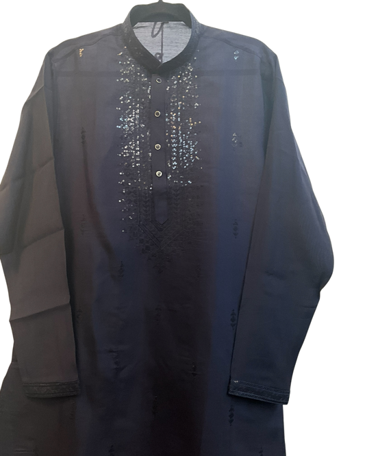 Dark Navy Blue - Soft Cotton Infused Mens Kurta Set with Rich Sequins Embroidery - Sangeet Mehendi Haldi - KCS3001 06KH26