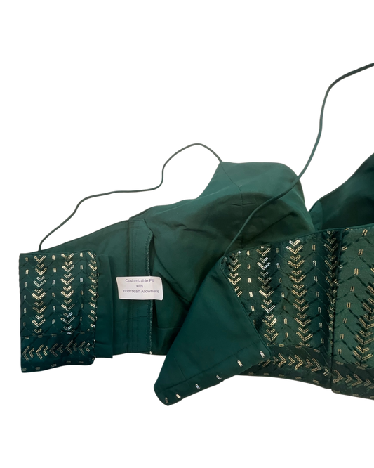 36" / UK 10 - Dark / Bottle Green - Sequins Work Strap Saree Blouse with cups - UK Stock - Quick Delivery - RNK - R780 -KK