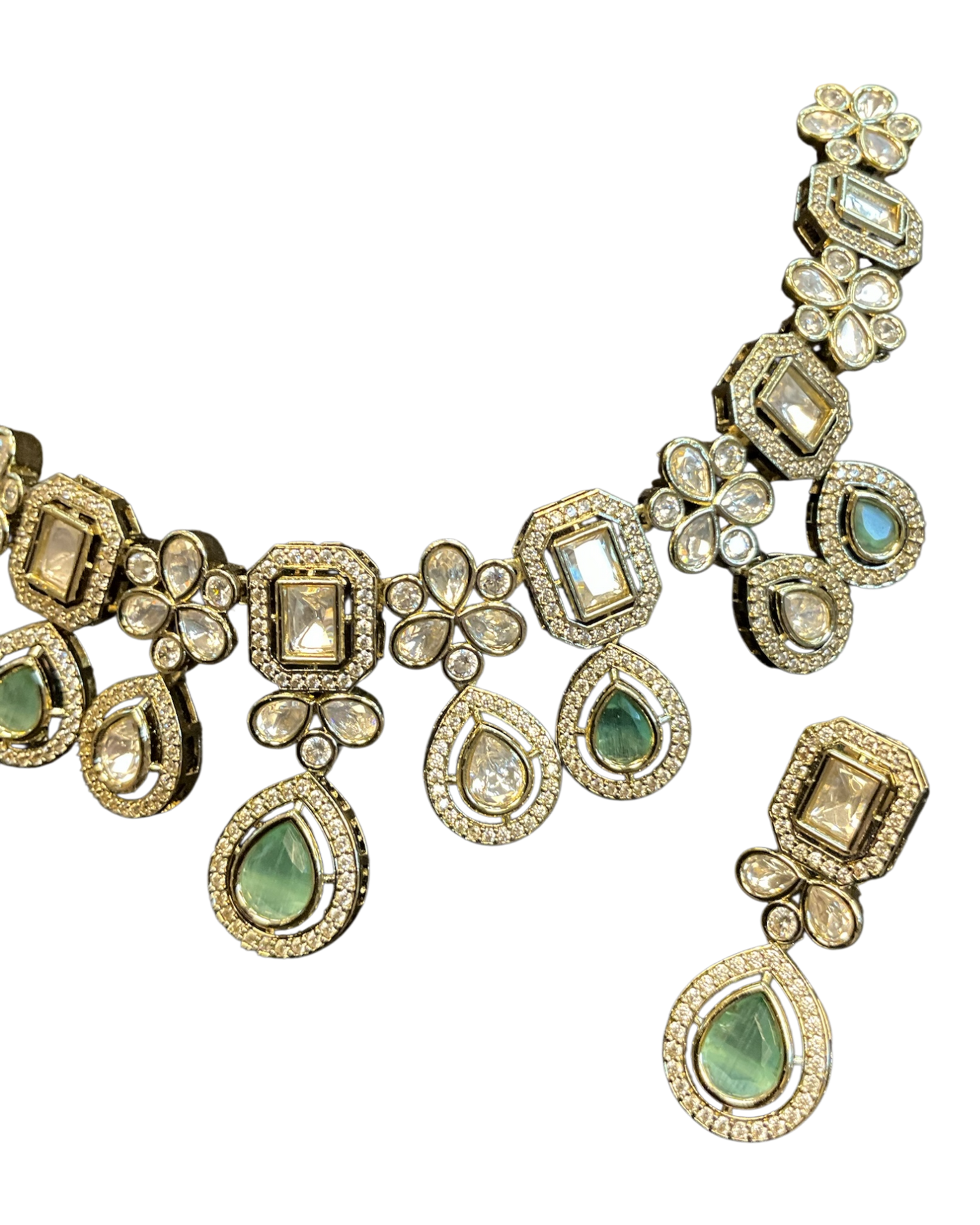 Light Green - Medium Size Antique Gold Finish Choki Necklace Set with Earrings - Bollywood - AVON-KU1320 08KA25