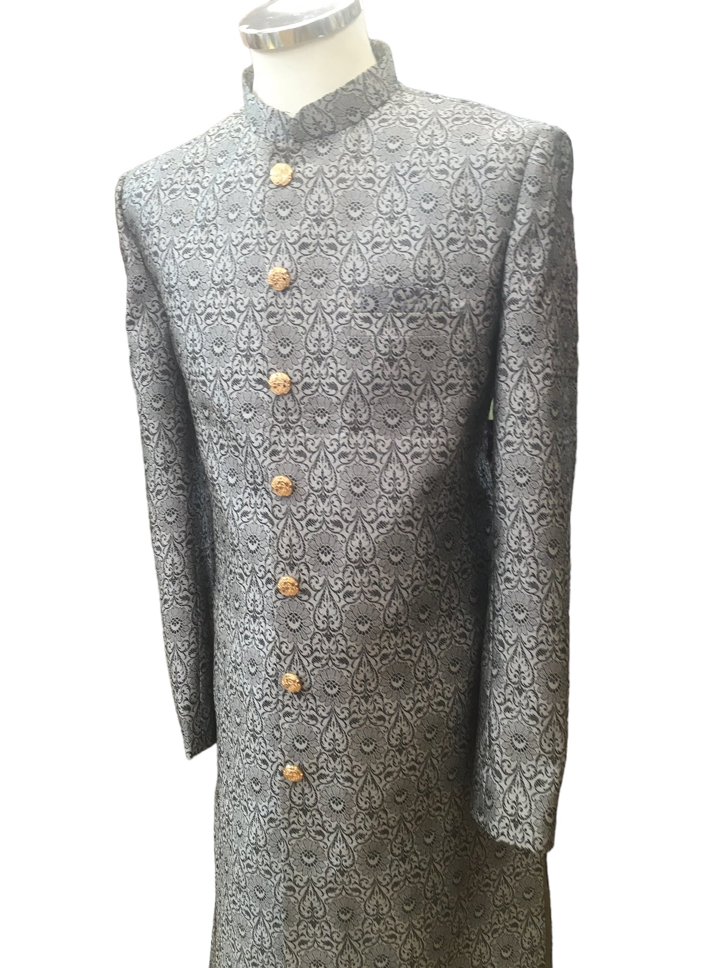 Grey - Classic Self Brocade Sherwani with Gold Buttons - BS786 JP 0823