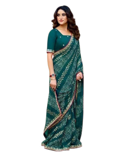 Teal - Bandhani Printed - Chiffon Saree with Blouse Piece - KAS-Chuneri 305 10KV25