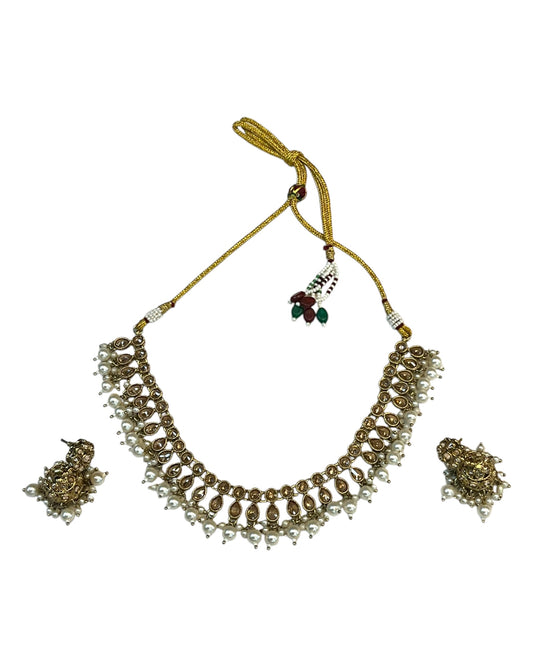 Gold - Medium Size Antique Gold Finish Necklace Set with Earrings - RAK381 Rp