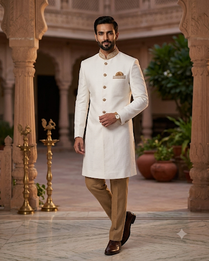 SALE ! Off White / Cream - Raw Silky Sherwani with Hand Embroidery - YD2304 RV 0523