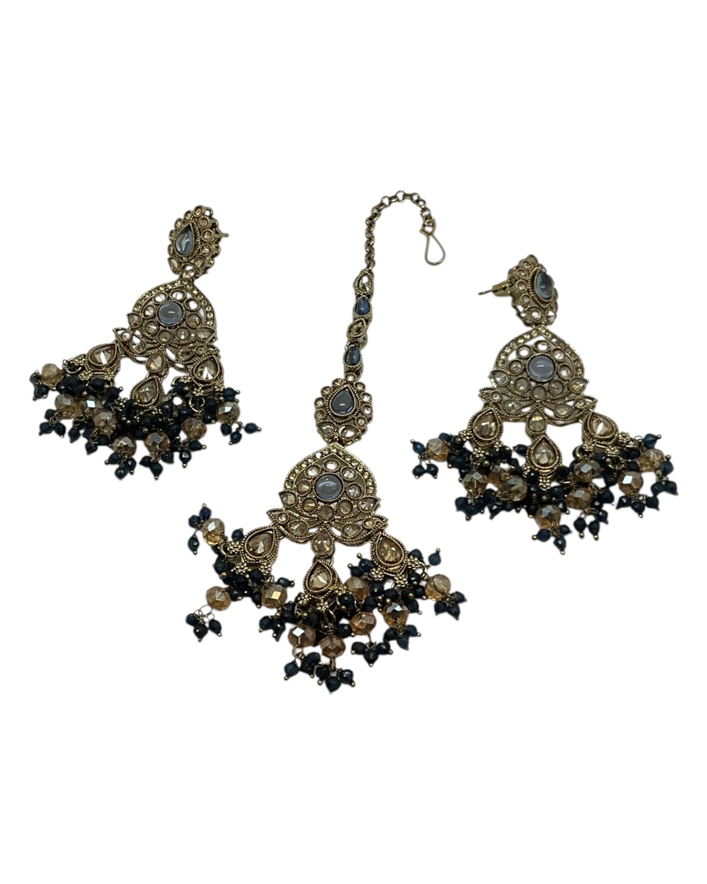 Blue - Large Size Antique Gold Finish Necklace Set with Earrings & Head Piece - Bollywood - AE2513 08KK25