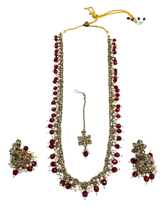 Red / Maroon - Medium Size Antique Gold Finish Long Necklace Set with Earrings - RAK411 H 0525