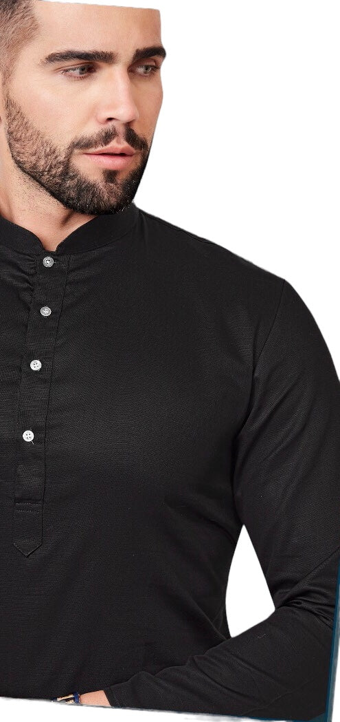 Leather Cotton Mens Indian Kurta set in Black - for Sangeet, Mehndi, Eid Celebration (with smart trousers) - Farishta KP