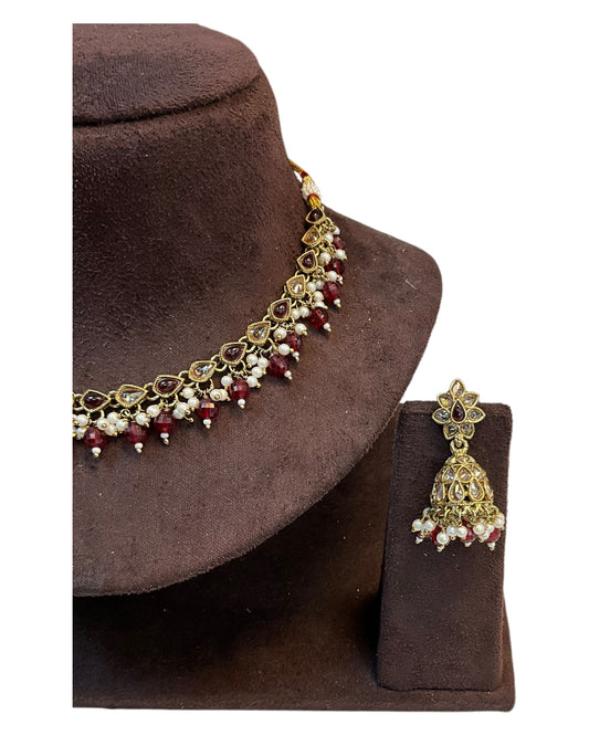 Maroon - Medium Size Antique Gold Finish Necklace Set with Earrings - RAK375 Pp