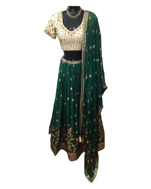 Green - Delicately Embroidered Chiffon Designer Lehenga Set - UK 12-16 - UK Stock - 24h Dispatch - NE2402 KYP 0724