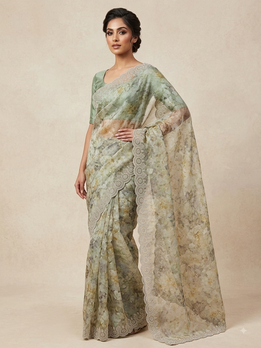 Sage Green - Fancy Embroidered Saree with Blouse Piece - UK stock - 24hr Dispatch - SP250621 VA