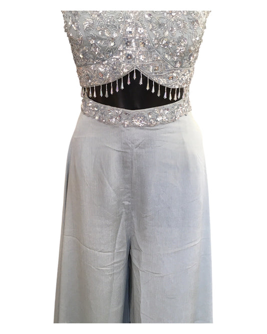 Silver Grey - Designer Ladies Short Top Palazzo Trousers Suit - Size 14 (40") - VMK BADAL PY