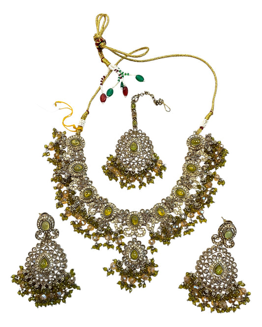 Mehndi Henna Green - Large - Antique Gold Finish Necklace Set with Earrings & Head Piece - AE2512 08KV25