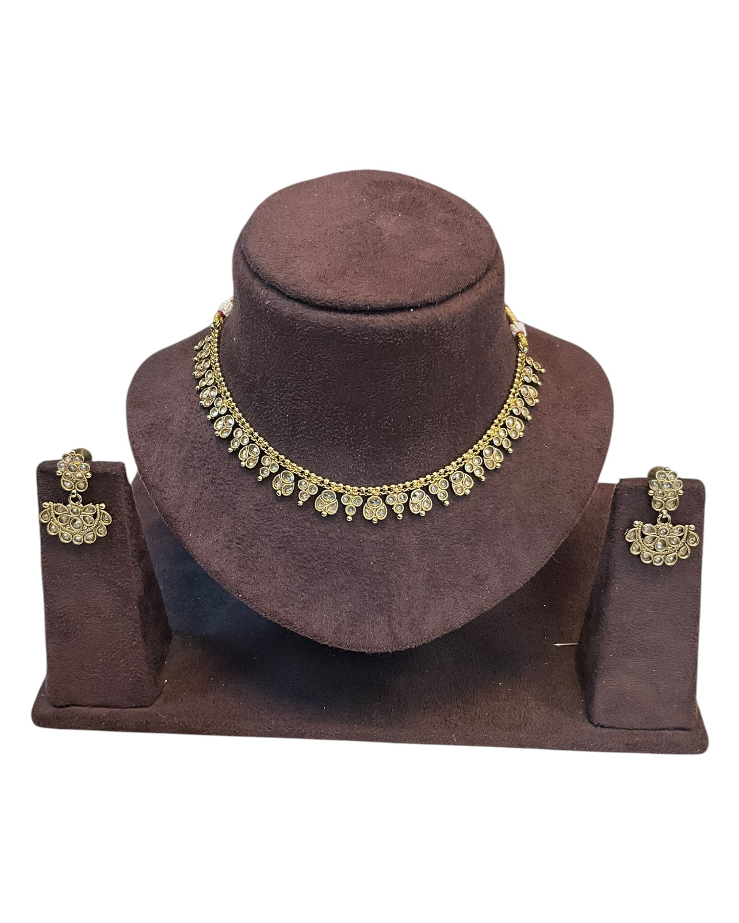 Gold / Neutral / Pearl - Small Size Antique Gold Finish Necklace Set - AE2504 R 0525