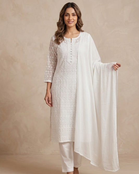 XS to XXXL - White - Lucknowi Cotton Ladies Salwar Kameez / Punjabi Suit with Chiffon Dupatta - Funeral / Church ARV4380 KC