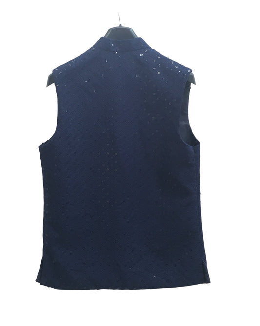 Navy Blue - Rich Lucknowi Sequins Mens Waistcoat - Bollywood - KCS4009 VY 0324
