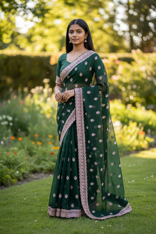 Bottle Green - Chiffon - Party Wear Embroidered Saree with Blouse Piece - SP2504008 VY