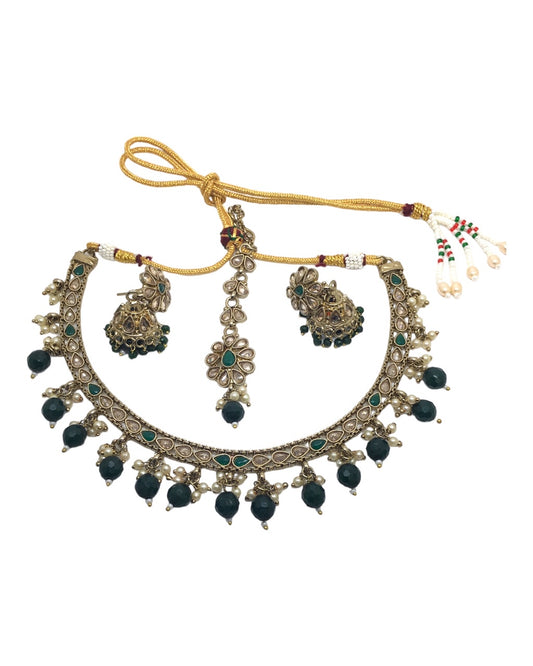 Green - Reverse Stone Choker Necklace set - Bollywood - Weddings - NIR793 C 0923