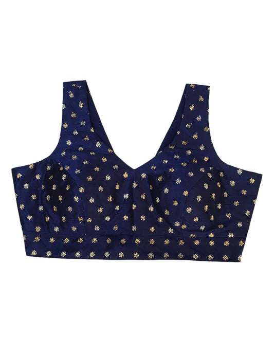 Navy Blue - Gold / Silver Embroidery Silky Saree blouse with cups, Sleeveless - 38" - UK Stock - Quick Delivery - RNK - R717-KV