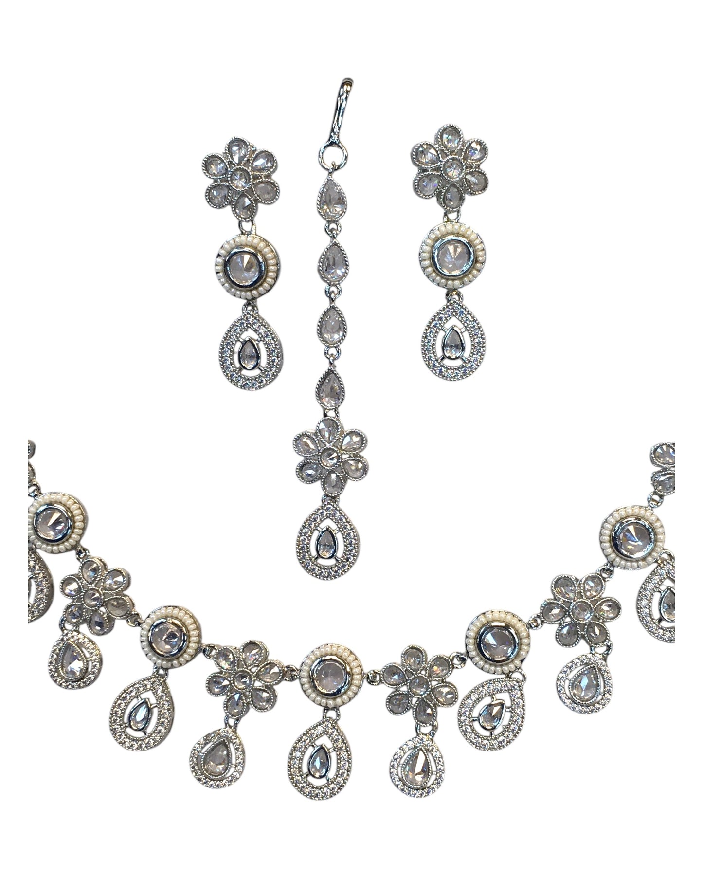 Clear - Silver Finish Necklace & Earrings Set - Bollywood - Weddings - KAJ1038 11KV24