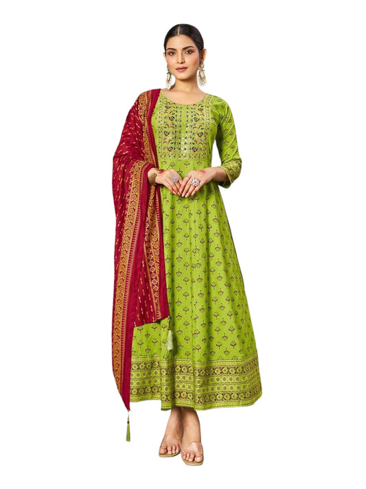 Lime Green - Cotton Block Printed Long Dress with Dupatta - Available in Sizes 14(40") & 20 (46") - BH1007 KK 0924