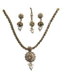 Gold / Neutral - Small Size Antique Gold Finish Necklace Set with Earrings & Head Piece /Tika- SLV79 11A24