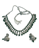 Green - Medium Size Silver Finish Necklace Set with Earrings - RAK381 Rp