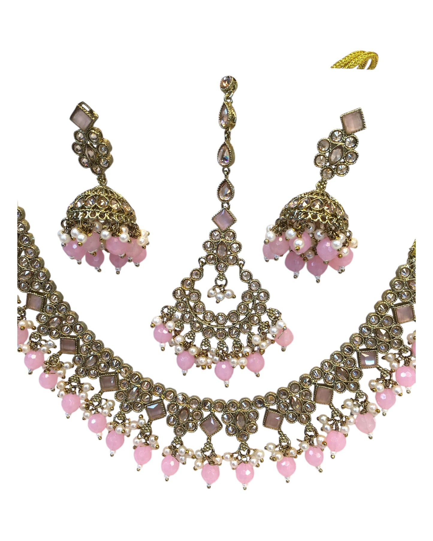 Pink - Antique Gold Finish Necklace & Earrings Set - Bollywood - Weddings - KAJ1035 11KK24
