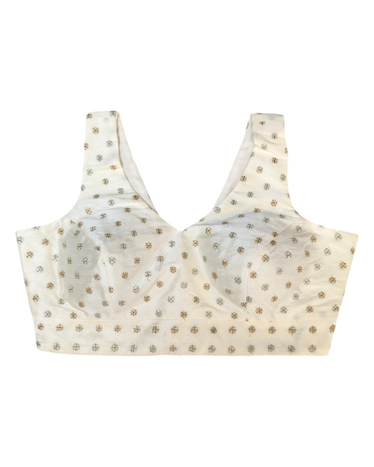 Cream - Gold / Silver Embroidery Silky Saree blouse with cups, Sleeveless - 38" - UK Stock - Quick Delivery - RNK - R717-KV