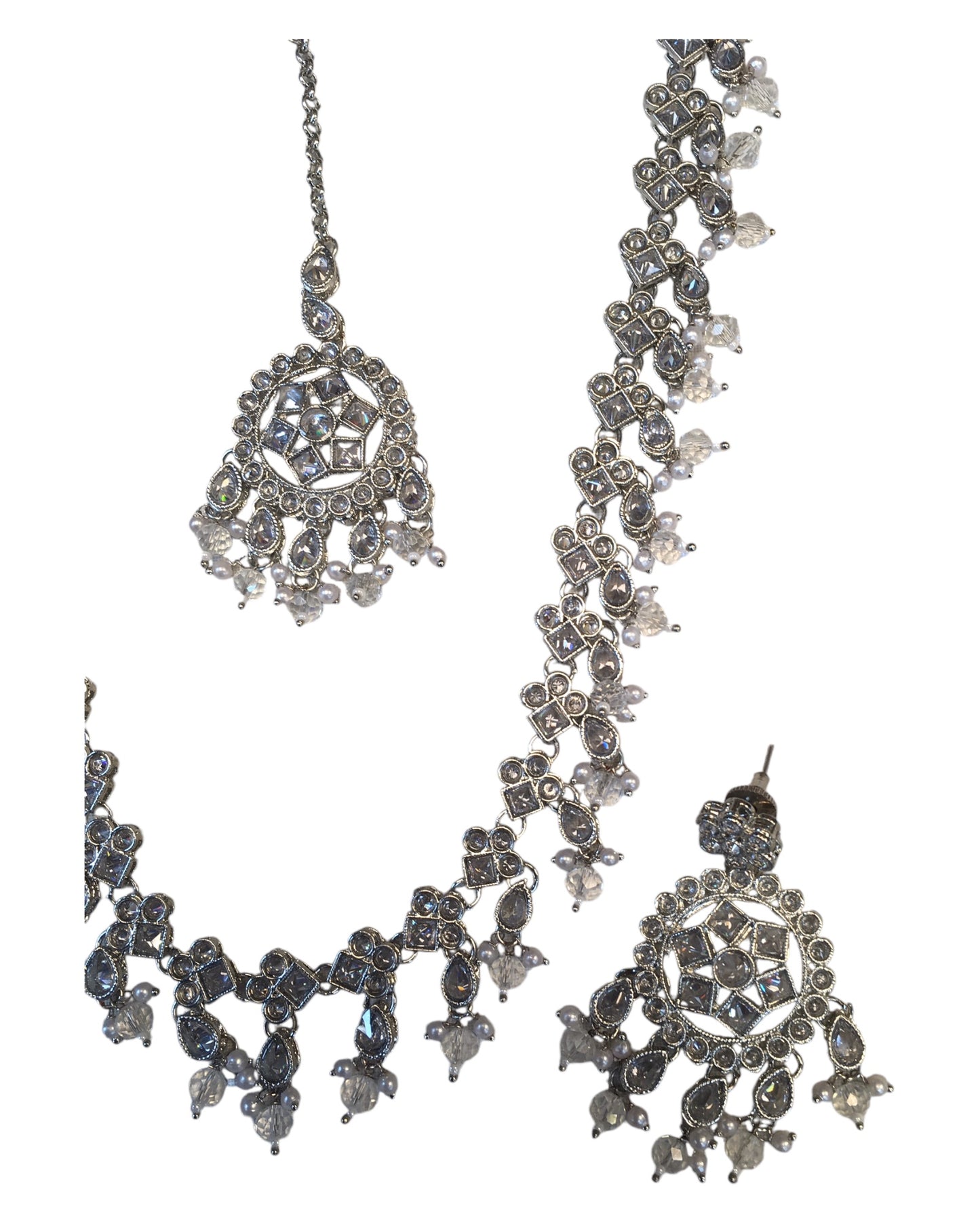 Clear - Large Size Silver Finish Long Necklace Set with Earrings - RZ13 11KT24