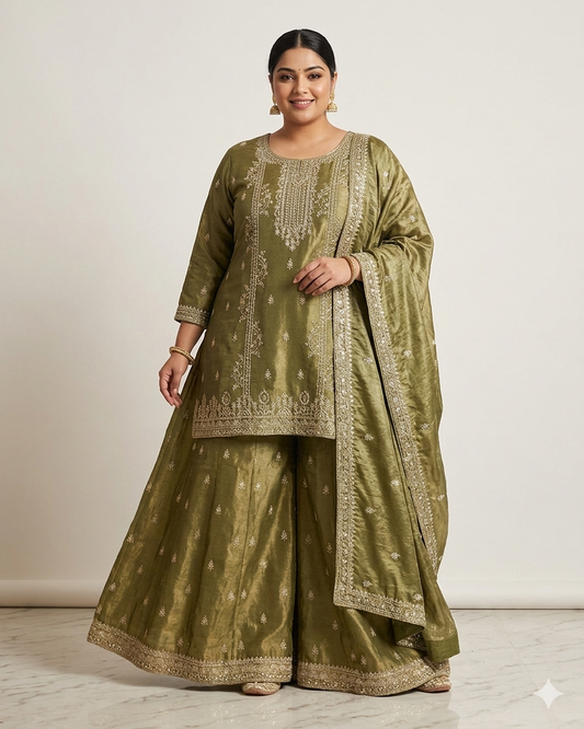 UK 20 / 46" - Olive Green - Ladies Sharara / Palazzo Trousers Suit - UK Stock - Sangeet / Henna / Weddings - OC8049 PT