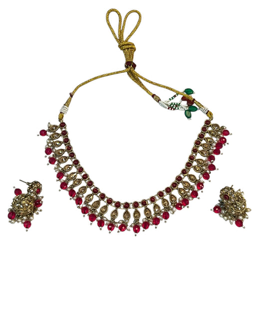 Fuchsia - Medium Size Antique Gold Finish Necklace Set with Earrings - RAK381 Rp