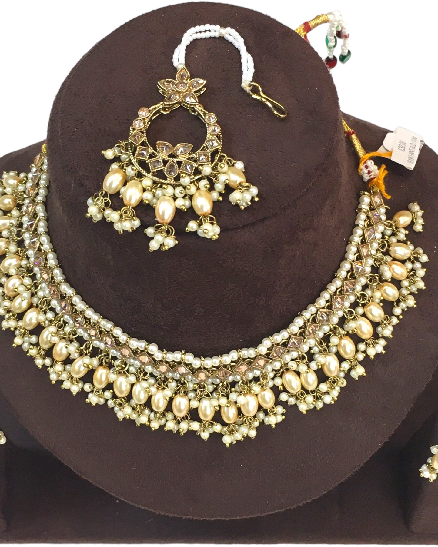 Gold / Neutral - Large Size Antique Gold Finish Necklace Set with Earrings - JE19 C 0424