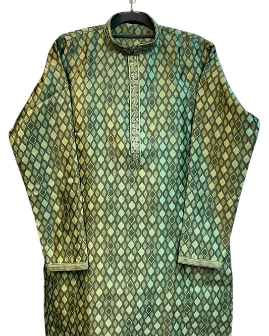 Green - Banarasi Handloom Brocade Mens Indian Kurta set with Trousers - UK Stock - Weddings / Walimas , Sangeet, Diwali, Eid, Mehndi / Henna - VEE2450 VR