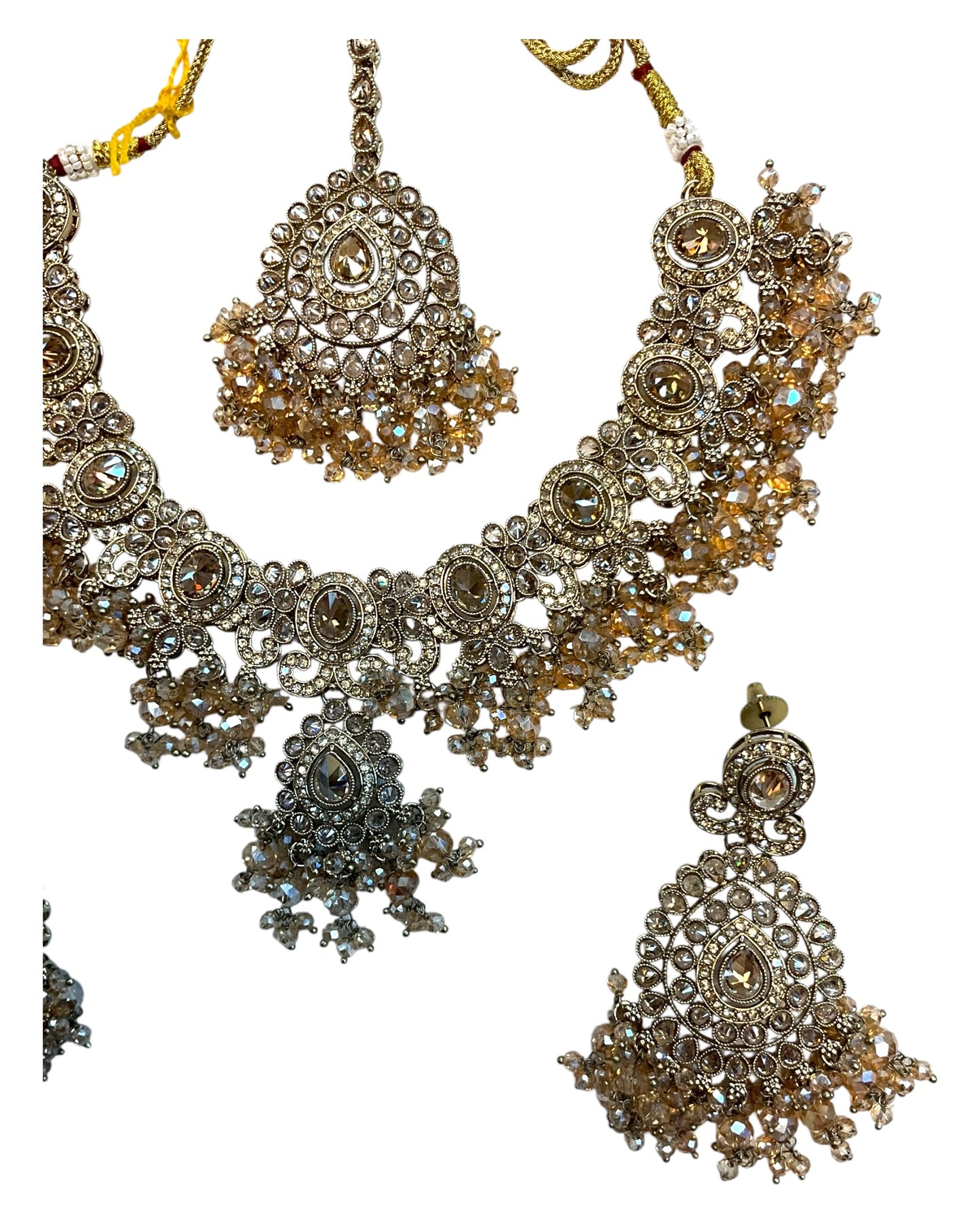Crystal / Champagne  - Large - Antique Gold Finish Necklace Set with Earrings & Head Piece - AE2512 08KV25