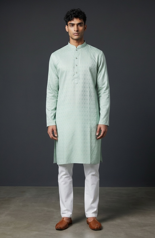 Sea Green - Self Woven Brocade Mens Indian Kurta set - UK Stock - Weddings / Walimas , Sangeet, Diwali, Eid, Mehndi / Henna - VEE3115 KC